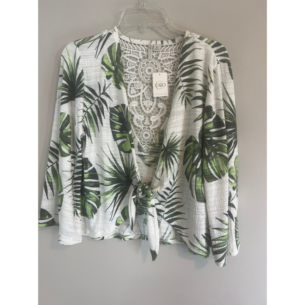 Cato Womens White Green Tropical Palm Print Tie Front Lace Back Top Medium NWT